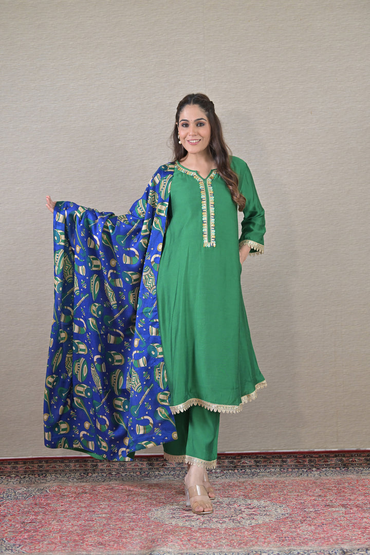 Luxe Emerald Silk Maternity & Nursing Kurta + Bump Band Bottom + Dupatta (3 Pc) momzjoy.com