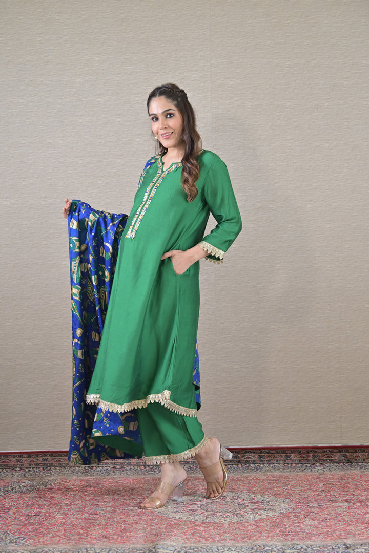 Luxe Emerald Silk Maternity & Nursing Kurta + Bump Band Bottom + Dupatta (3 Pc) momzjoy.com