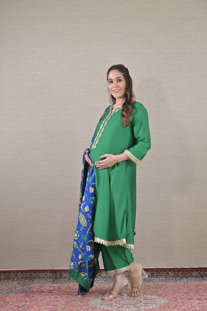 Luxe Emerald Silk Maternity & Nursing Kurta + Bump Band Bottom + Dupatta (3 Pc) momzjoy.com