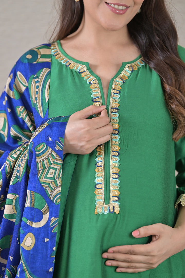 Luxe Emerald Silk Maternity & Nursing Kurta + Bump Band Bottom + Dupatta (3 Pc) momzjoy.com