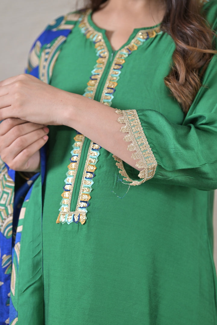 Luxe Emerald Silk Maternity & Nursing Kurta + Bump Band Bottom + Dupatta (3 Pc) momzjoy.com