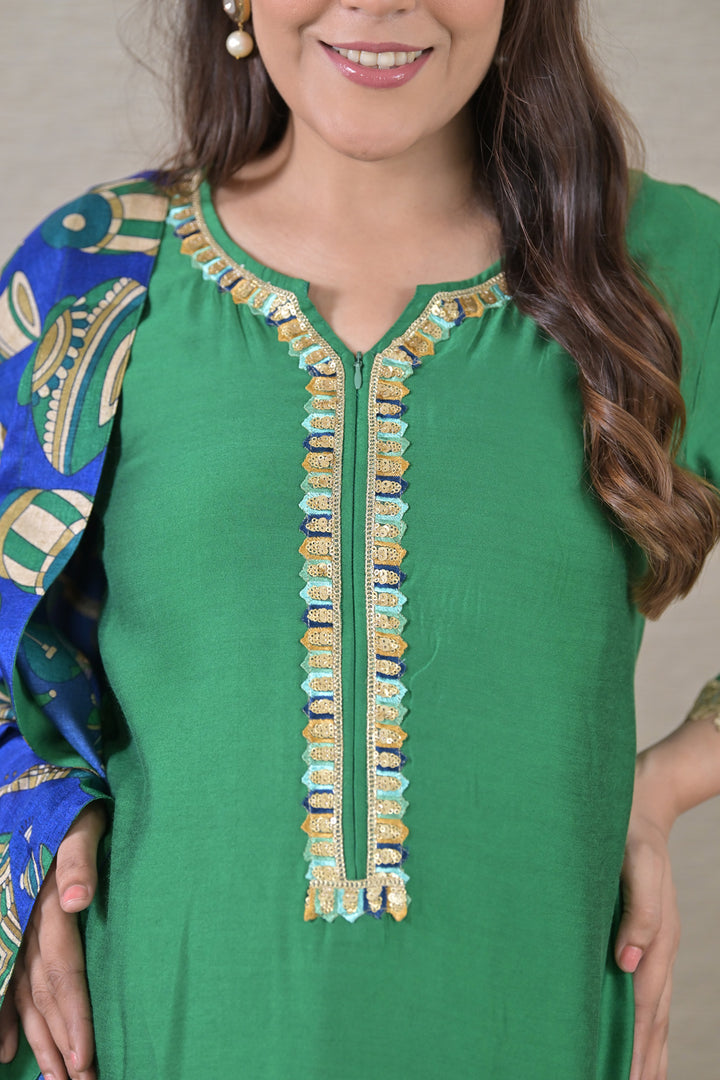 Luxe Emerald Silk Maternity & Nursing Kurta + Bump Band Bottom + Dupatta (3 Pc) momzjoy.com