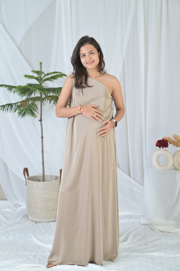 Luxe Sleek Golden Maternity Satin Gown MOMZJOY.COM