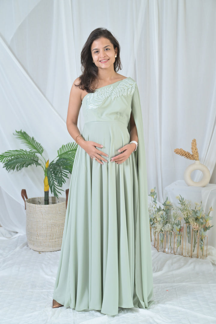 Luxe Sage Green Embroidered Maternity Satin Gown MOMZJOY.COM