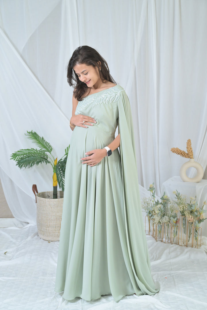 Luxe Sage Green Embroidered Maternity Satin Gown MOMZJOY.COM