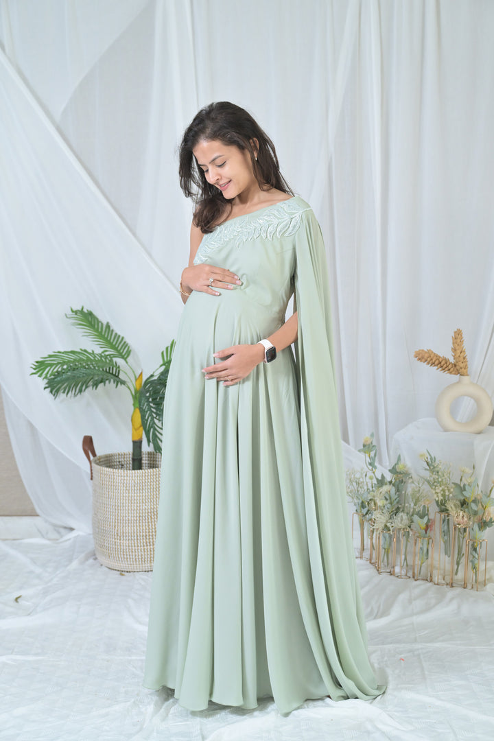 Luxe Sage Green Embroidered Maternity Satin Gown MOMZJOY.COM