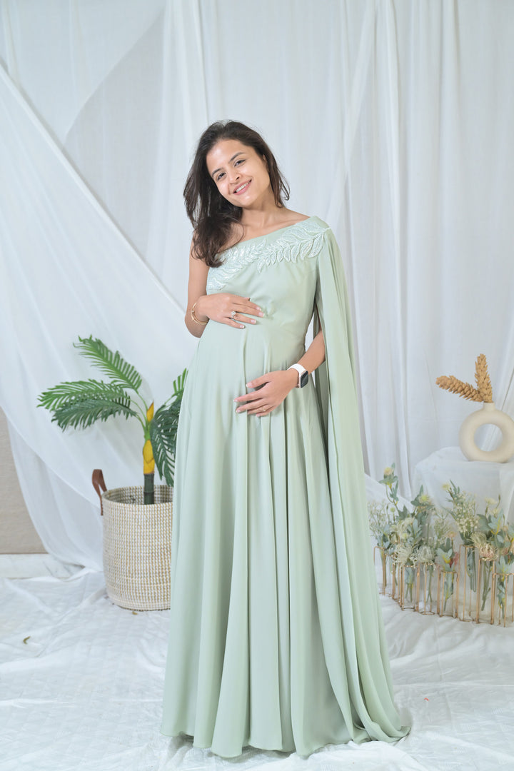 Luxe Sage Green Embroidered Maternity Satin Gown MOMZJOY.COM