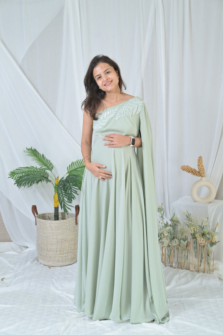 Luxe Sage Green Embroidered Maternity Satin Gown MOMZJOY.COM