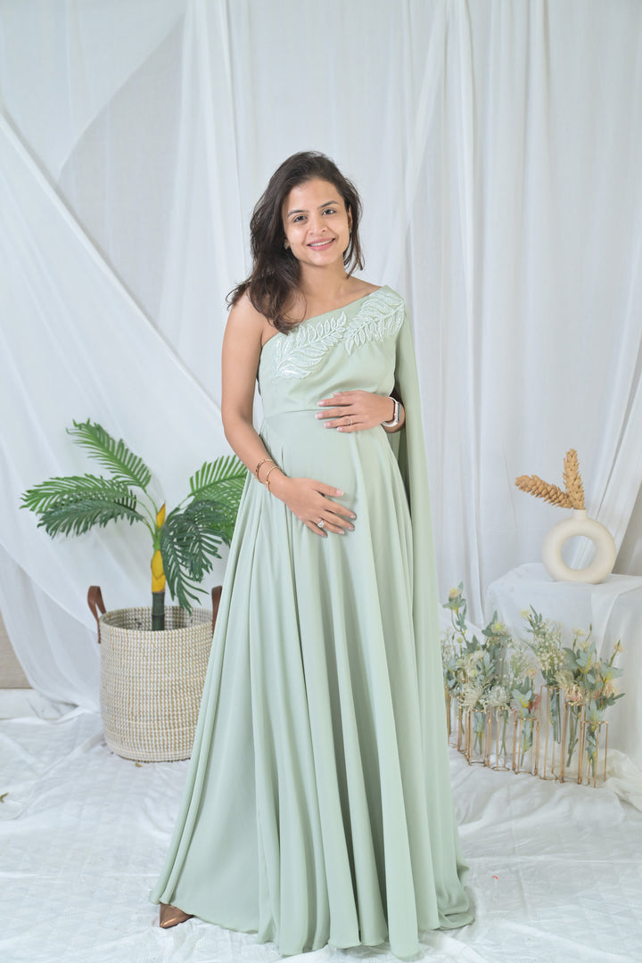 Luxe Sage Green Embroidered Maternity Satin Gown MOMZJOY.COM