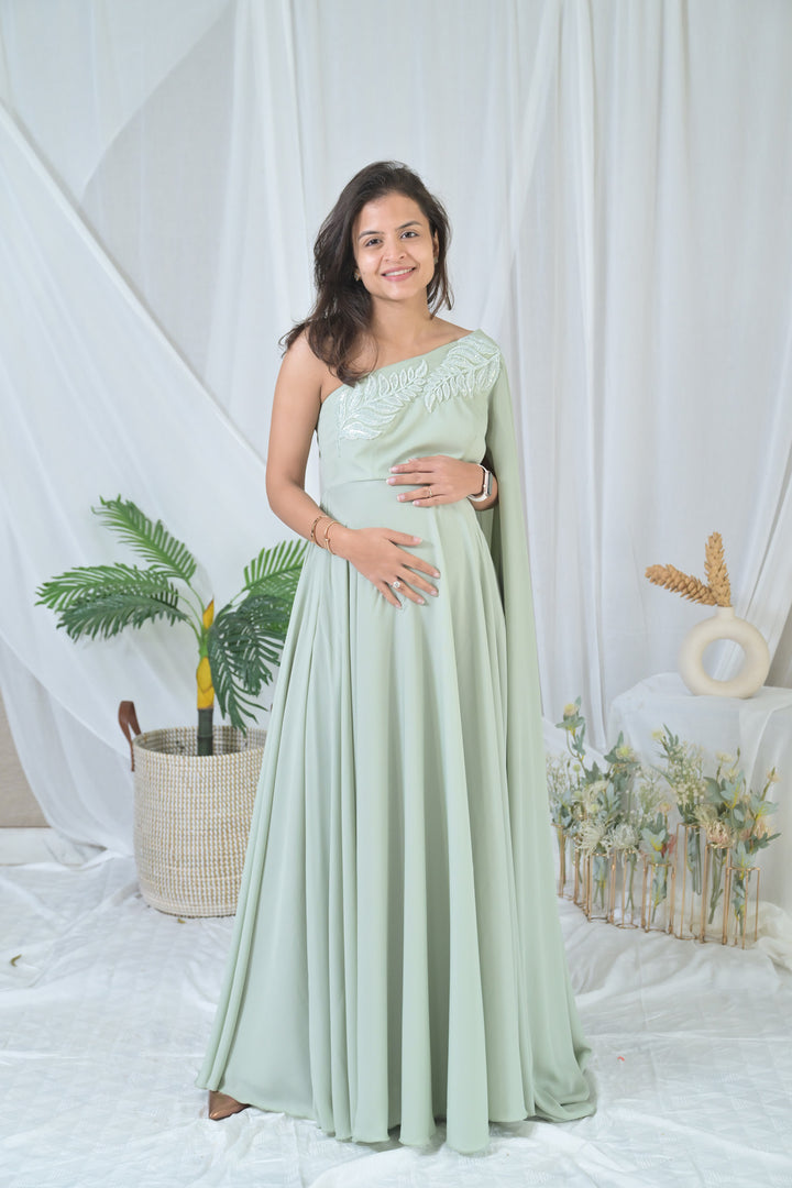 Luxe Sage Green Embroidered Maternity Satin Gown MOMZJOY.COM