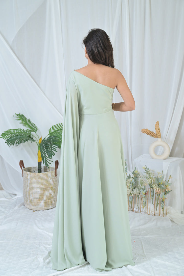 Luxe Sage Green Embroidered Maternity Satin Gown MOMZJOY.COM