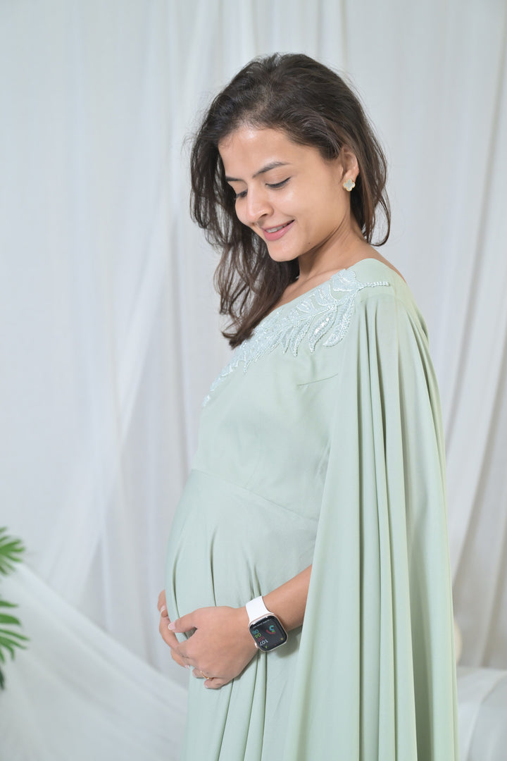 Luxe Sage Green Embroidered Maternity Satin Gown MOMZJOY.COM