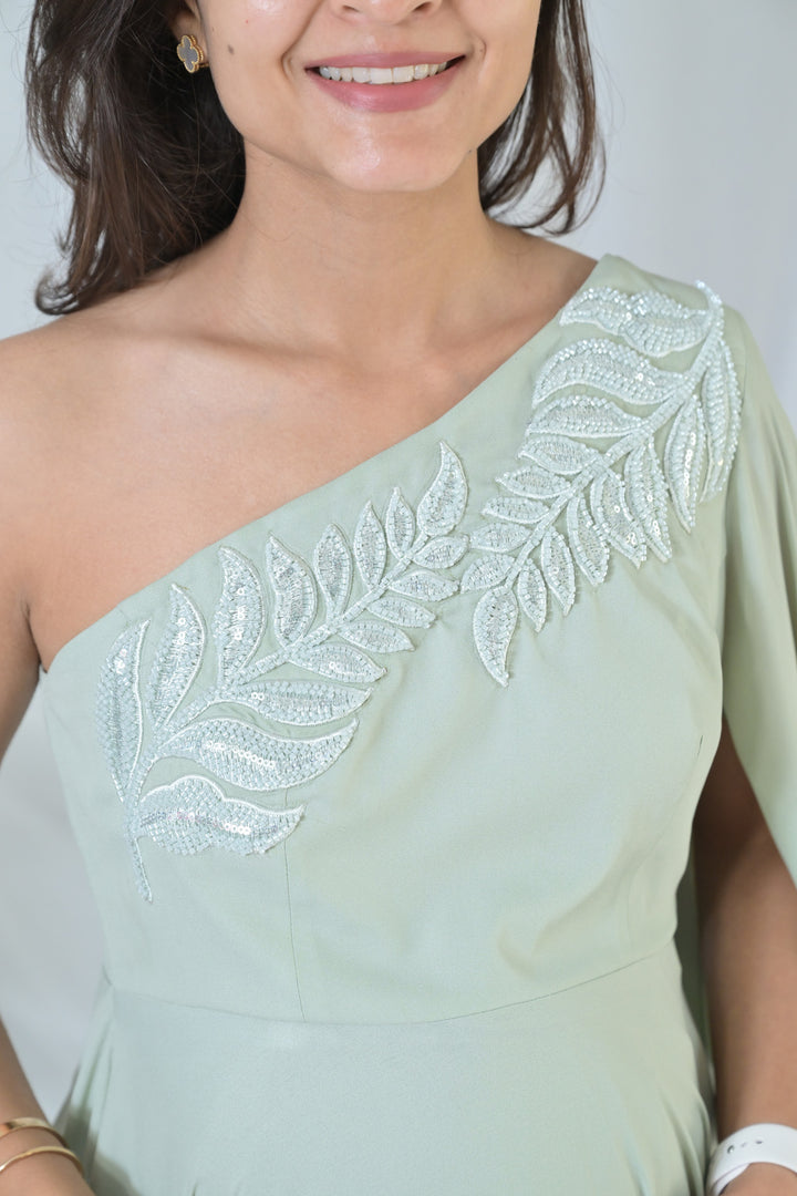 Luxe Sage Green Embroidered Maternity Satin Gown MOMZJOY.COM