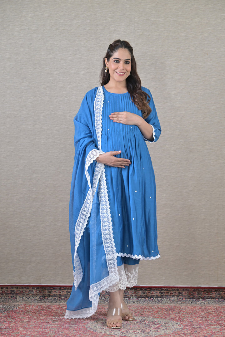 Luxe Blue Silk Maternity & Nursing Kurta + Bump Band Bottom + Dupatta (3 Pc) momzjoy.com