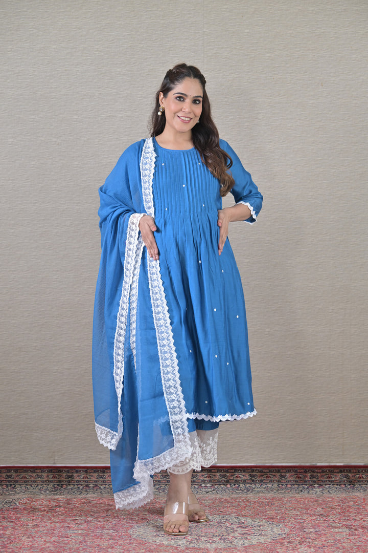 Luxe Blue Silk Maternity & Nursing Kurta + Bump Band Bottom + Dupatta (3 Pc) momzjoy.com