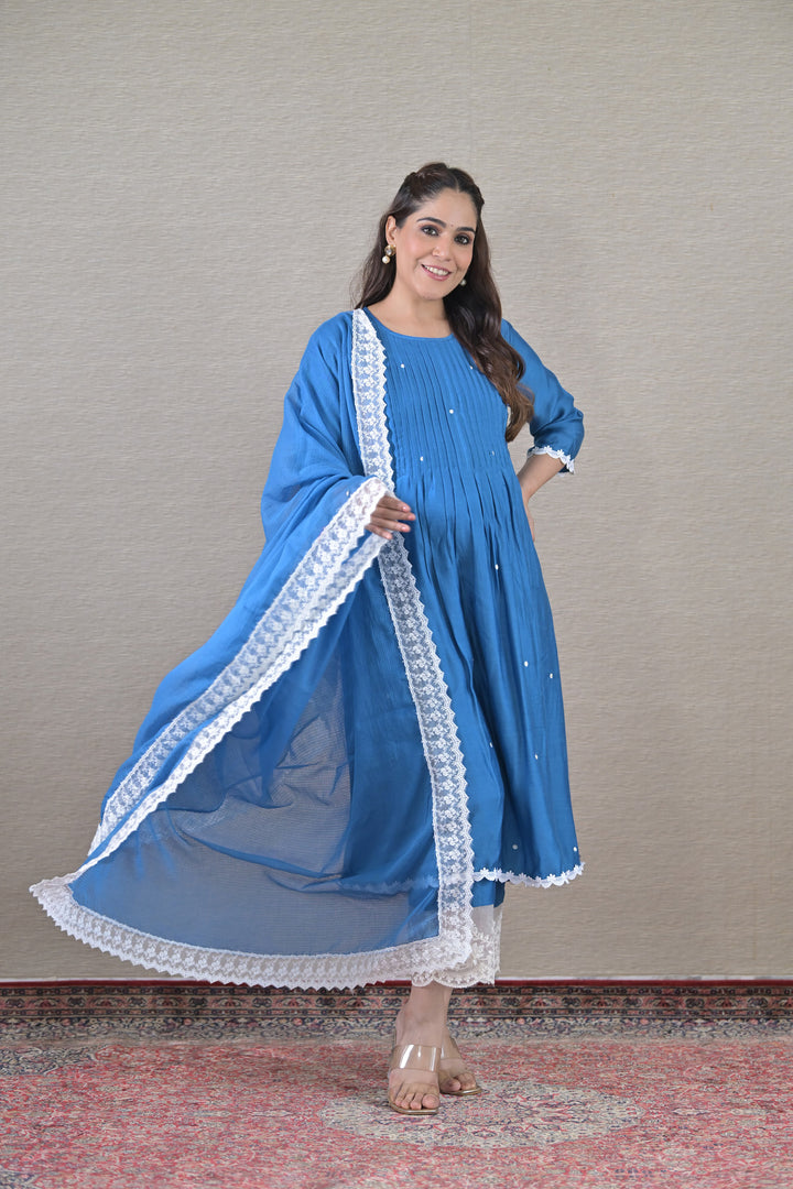 Luxe Blue Silk Maternity & Nursing Kurta + Bump Band Bottom + Dupatta (3 Pc) momzjoy.com