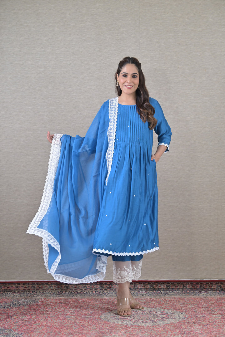 Luxe Blue Silk Maternity & Nursing Kurta + Bump Band Bottom + Dupatta (3 Pc) momzjoy.com