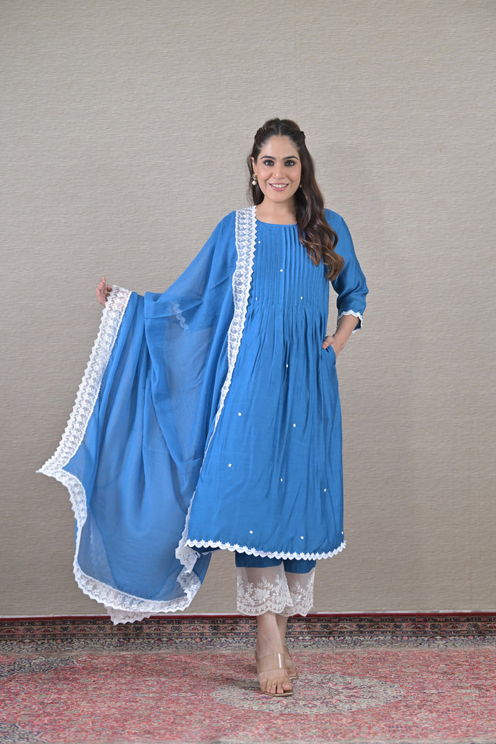 Luxe Blue Silk Maternity & Nursing Kurta + Bump Band Bottom + Dupatta (3 Pc) momzjoy.com