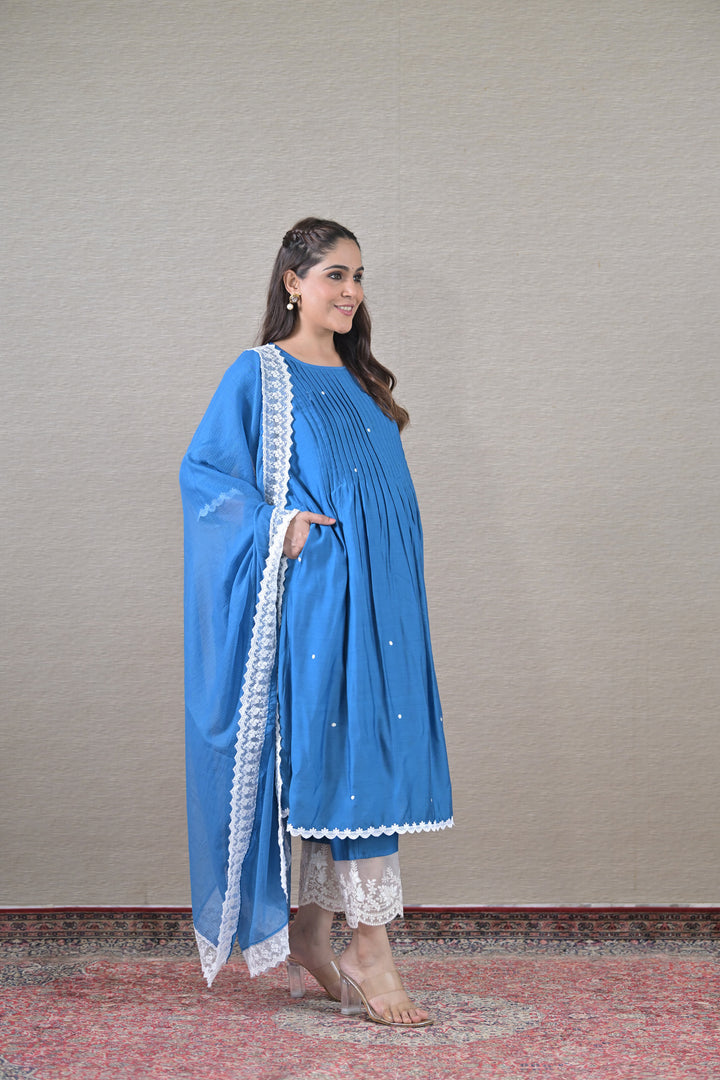 Luxe Blue Silk Maternity & Nursing Kurta + Bump Band Bottom + Dupatta (3 Pc) momzjoy.com