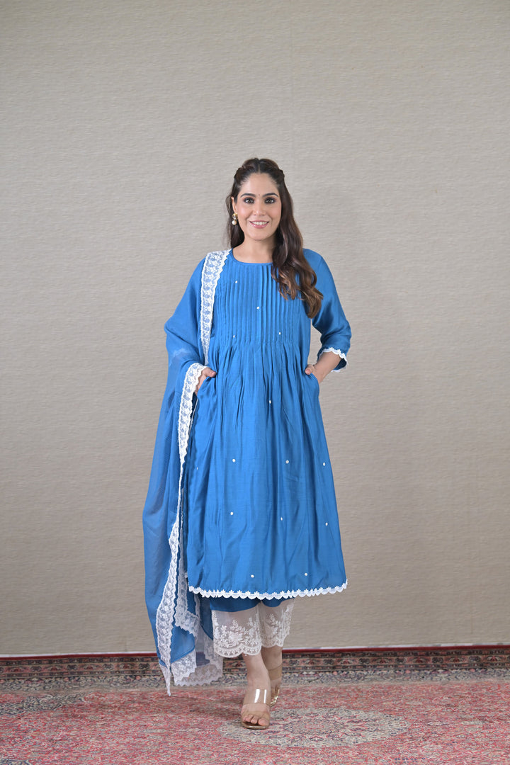 Luxe Blue Silk Maternity & Nursing Kurta + Bump Band Bottom + Dupatta (3 Pc) momzjoy.com