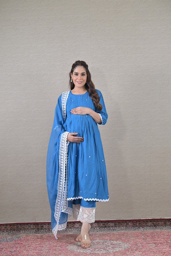 Luxe Blue Silk Maternity & Nursing Kurta + Bump Band Bottom + Dupatta (3 Pc) momzjoy.com