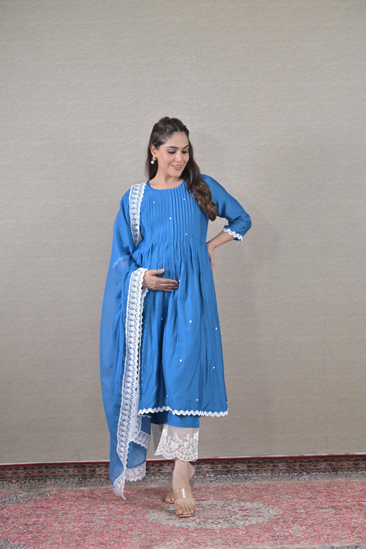 Luxe Blue Silk Maternity & Nursing Kurta + Bump Band Bottom + Dupatta (3 Pc) momzjoy.com