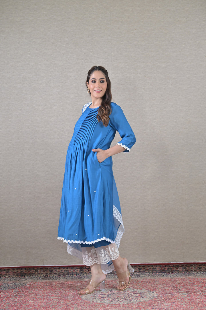 Luxe Blue Silk Maternity & Nursing Kurta + Bump Band Bottom + Dupatta (3 Pc) momzjoy.com