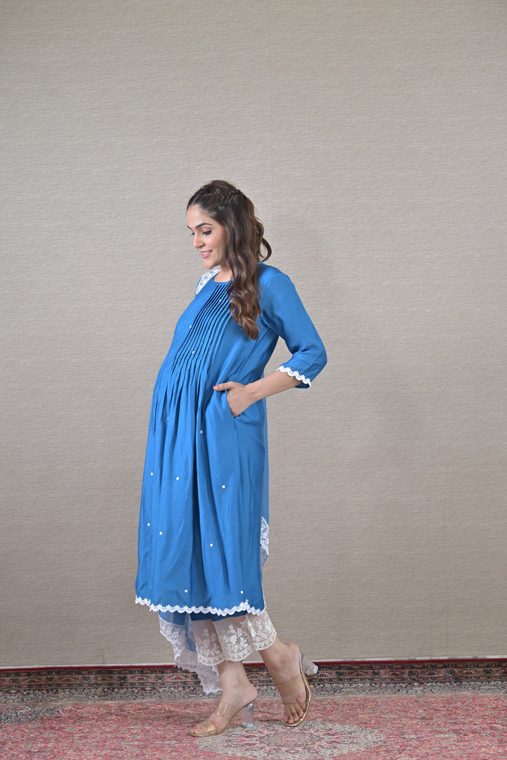 Luxe Blue Silk Maternity & Nursing Kurta + Bump Band Bottom + Dupatta (3 Pc) momzjoy.com