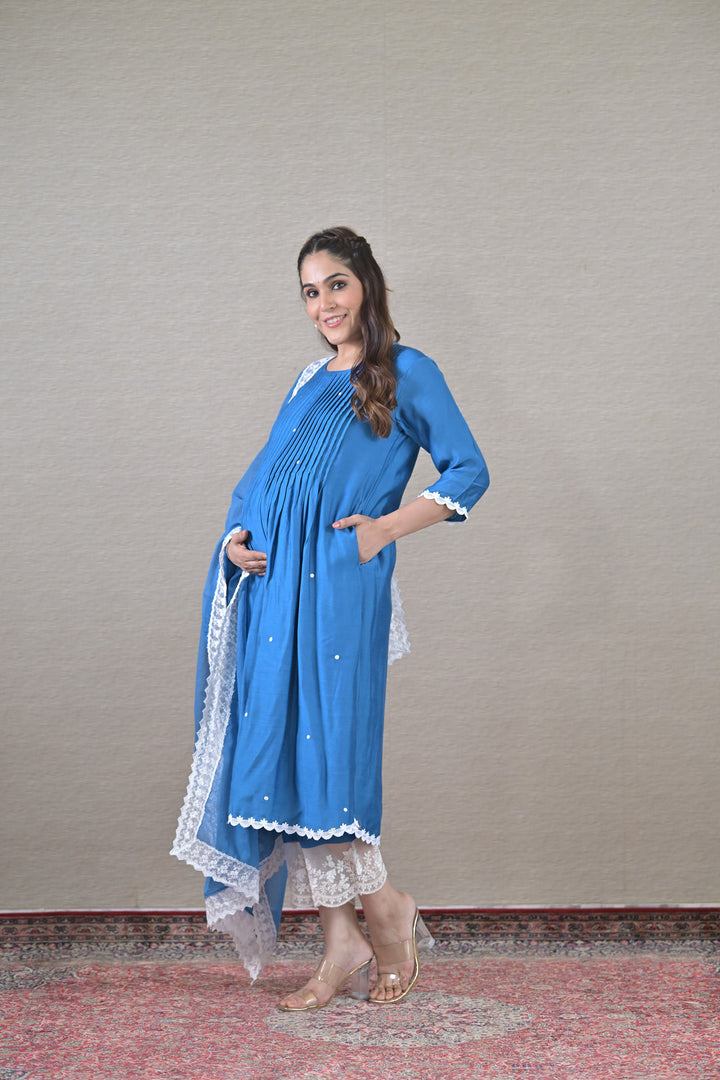 Luxe Blue Silk Maternity & Nursing Kurta + Bump Band Bottom + Dupatta (3 Pc) momzjoy.com