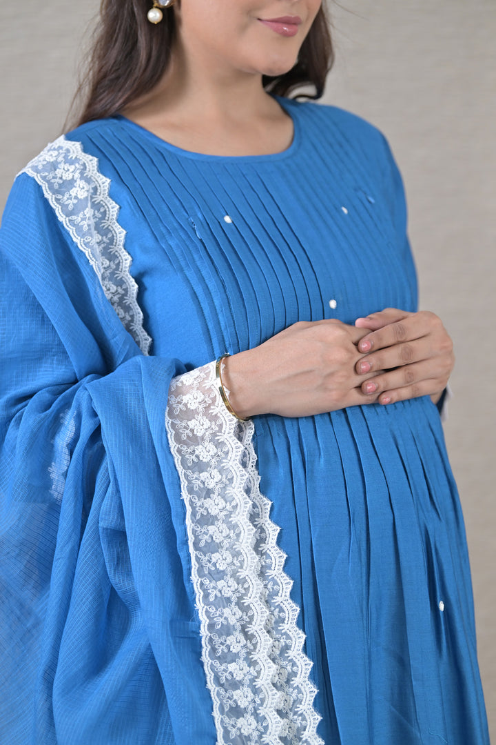 Luxe Blue Silk Maternity & Nursing Kurta + Bump Band Bottom + Dupatta (3 Pc) momzjoy.com