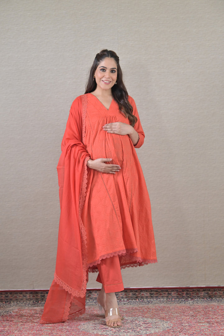 Amber Maternity Kurta + Bump Band Bottom + Dupatta (3 Pc) (100% Cotton) momzjoy.com