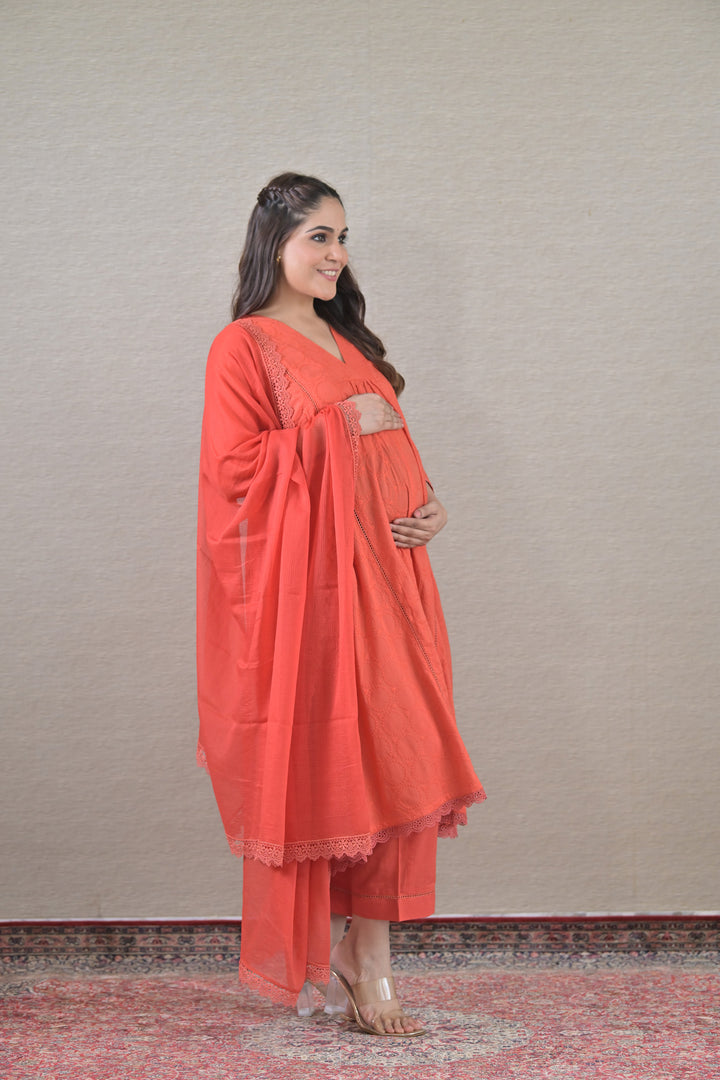 Amber Maternity Kurta + Bump Band Bottom + Dupatta (3 Pc) (100% Cotton) momzjoy.com