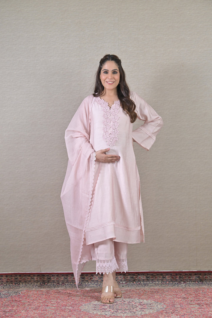 Traditional Chanderi Maternity & Nursing Kurta + Bump Band Bottom + Dupatta (3 Pc) momzjoy.com