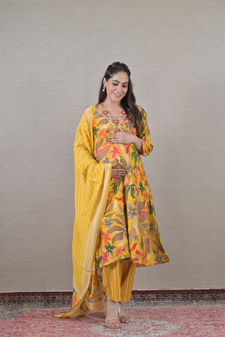 Elegant Yellow Maternity & Nursing Kurta + Bump Band Bottom + Dupatta (3 Pc) (100% Cotton) momzjoy.com