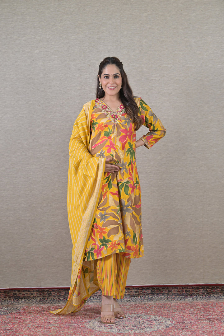 Elegant Yellow Maternity & Nursing Kurta + Bump Band Bottom + Dupatta (3 Pc) (100% Cotton) momzjoy.com