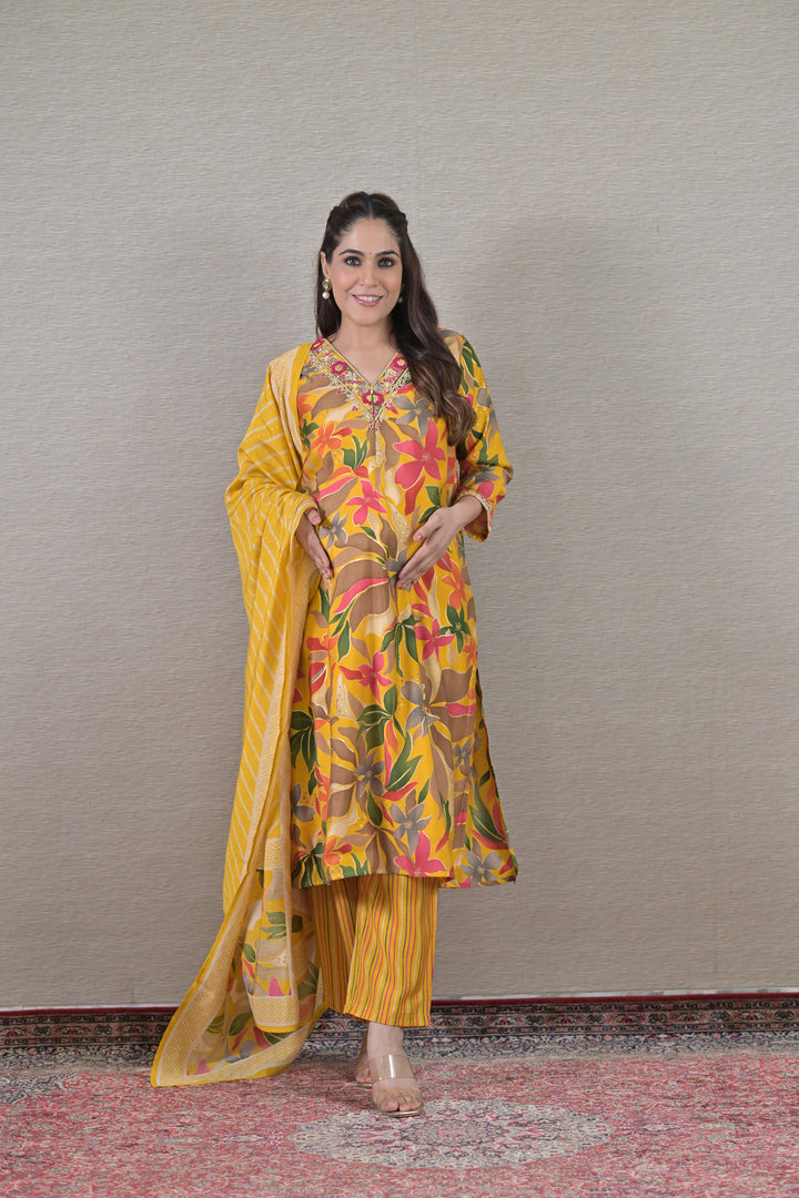 Elegant Yellow Maternity & Nursing Kurta + Bump Band Bottom + Dupatta (3 Pc) (100% Cotton) momzjoy.com