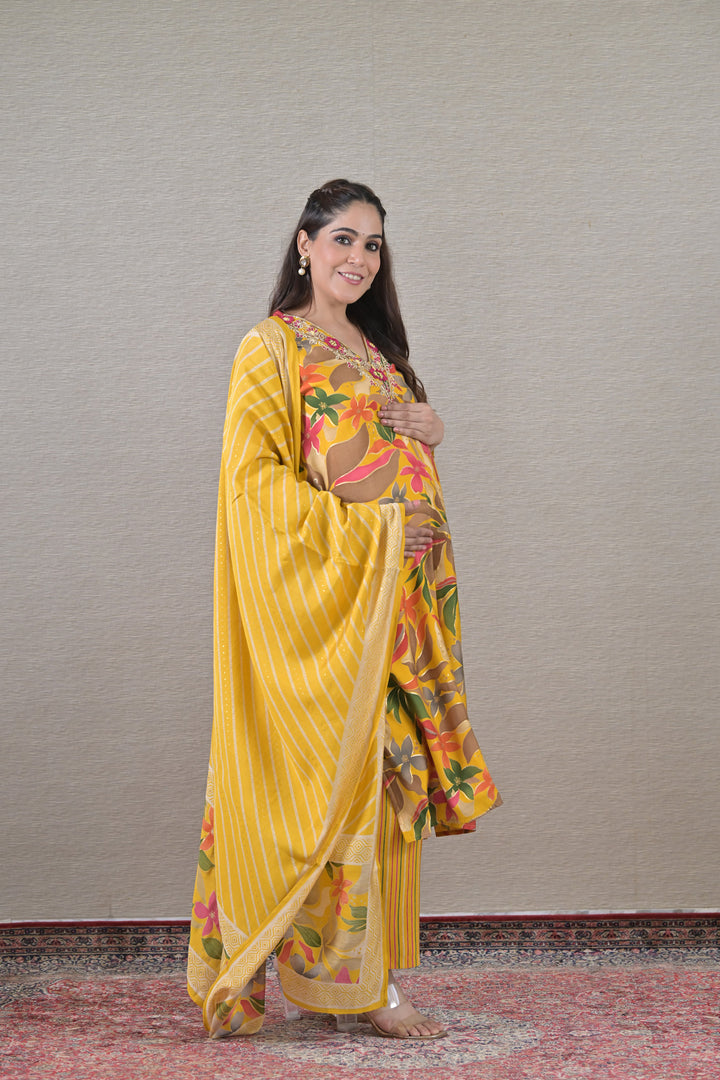 Elegant Yellow Maternity & Nursing Kurta + Bump Band Bottom + Dupatta (3 Pc) (100% Cotton) momzjoy.com