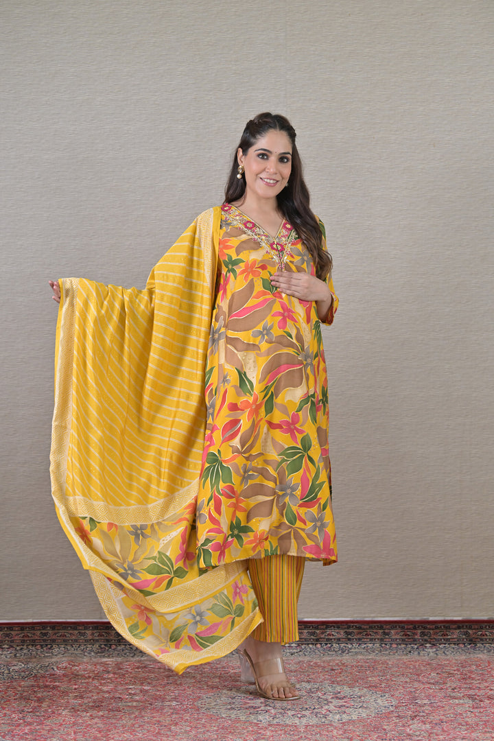 Elegant Yellow Maternity & Nursing Kurta + Bump Band Bottom + Dupatta (3 Pc) (100% Cotton) momzjoy.com