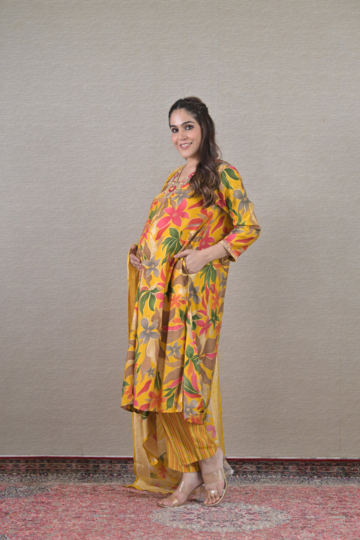 Elegant Yellow Maternity & Nursing Kurta + Bump Band Bottom + Dupatta (3 Pc) (100% Cotton) momzjoy.com