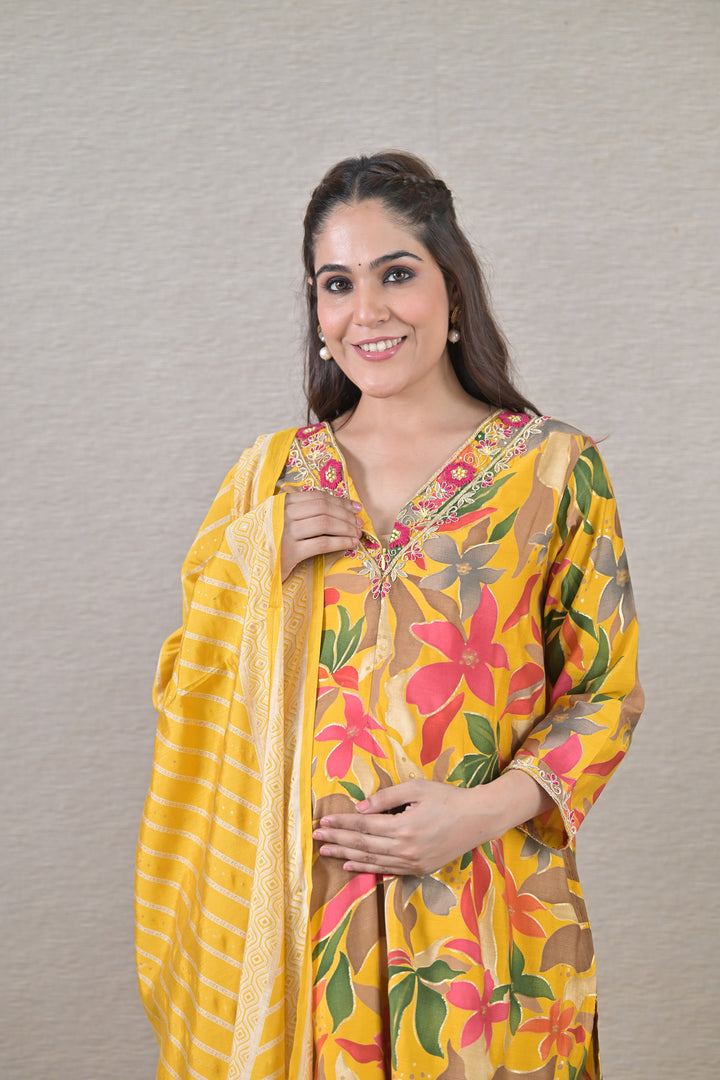 Elegant Yellow Maternity & Nursing Kurta + Bump Band Bottom + Dupatta (3 Pc) (100% Cotton) momzjoy.com