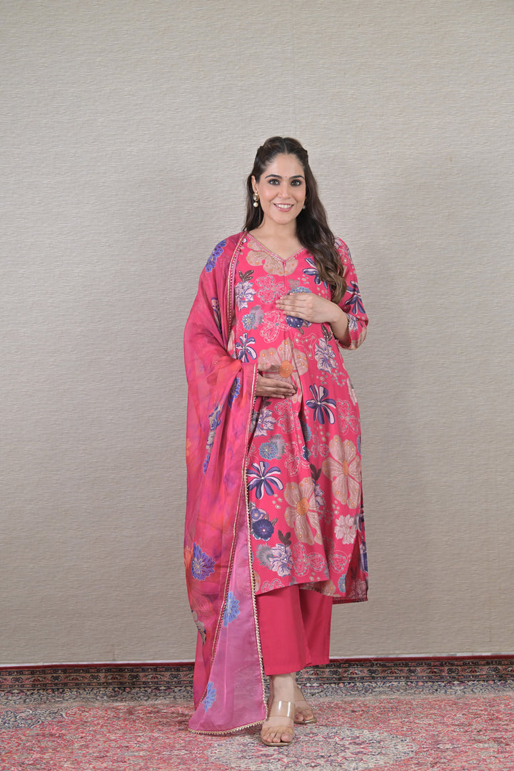 Floral Embellished Maternity & Nursing Kurta + Bump Band Bottom + Dupatta (3 Pc) (100% Cotton) (Copy) momzjoy.com