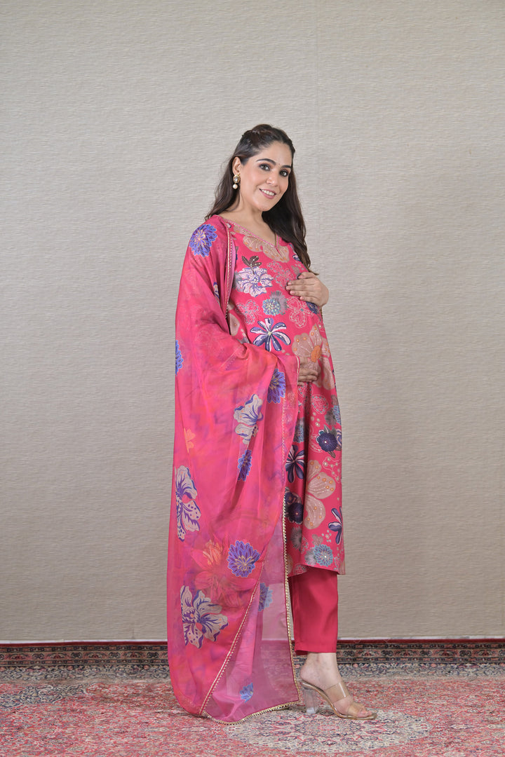 Floral Embellished Maternity & Nursing Kurta + Bump Band Bottom + Dupatta (3 Pc) (100% Cotton) (Copy) momzjoy.com