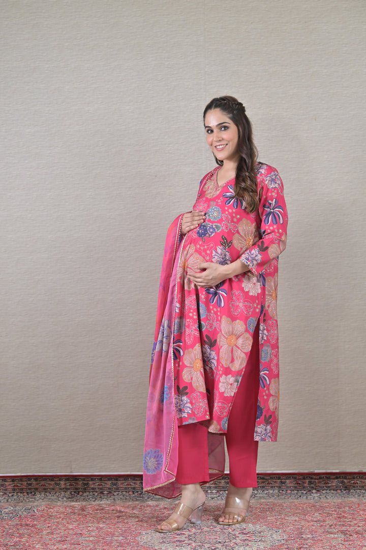 Floral Embellished Maternity & Nursing Kurta + Bump Band Bottom + Dupatta (3 Pc) (100% Cotton) (Copy) momzjoy.com