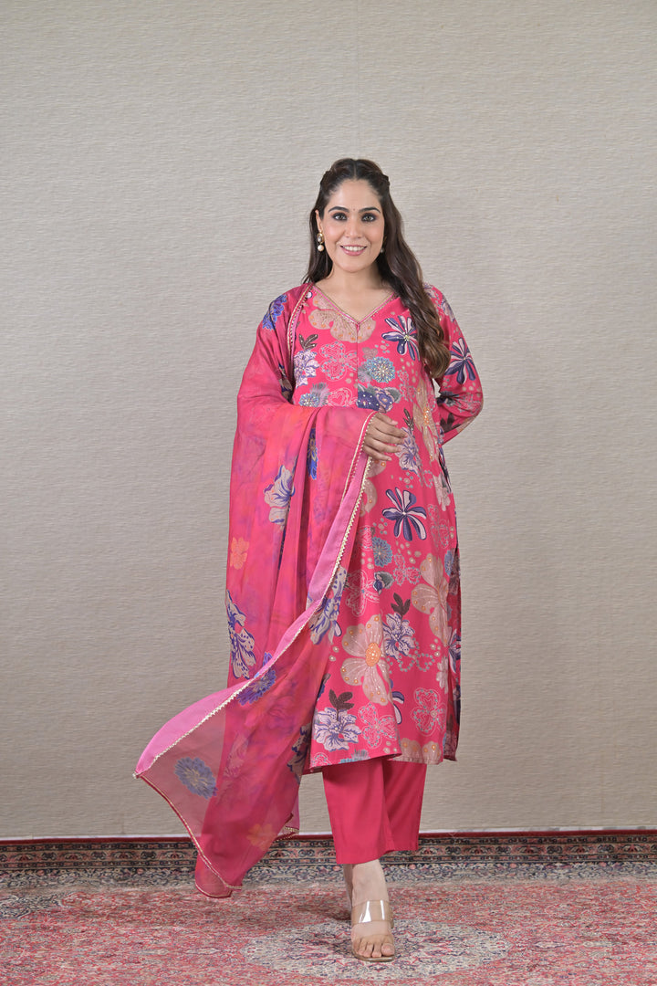 Floral Embellished Maternity & Nursing Kurta + Bump Band Bottom + Dupatta (3 Pc) (100% Cotton) (Copy) momzjoy.com