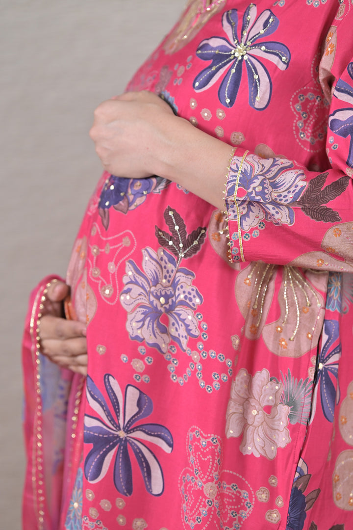 Floral Embellished Maternity & Nursing Kurta + Bump Band Bottom + Dupatta (3 Pc) (100% Cotton) (Copy) momzjoy.com