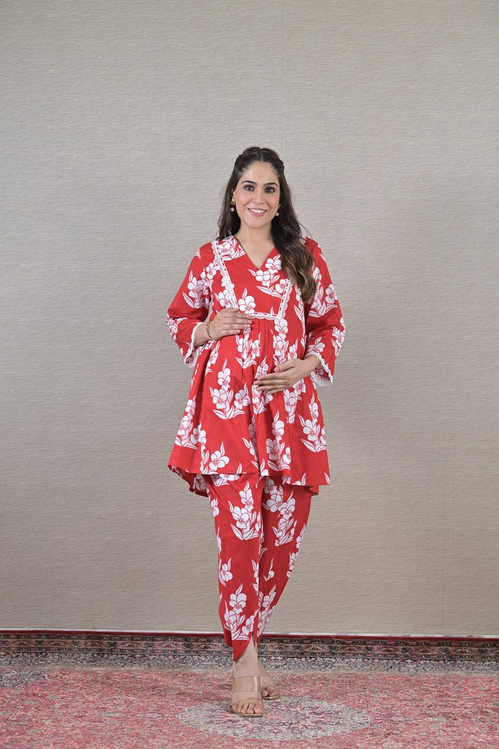 Crimson Maternity Kurta + Bump Band Bottom (2 pc) (100% Cotton) momzjoy.com