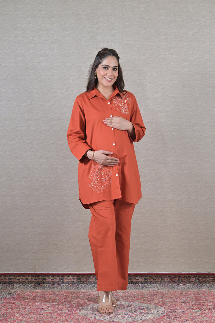 Iconic Tangerine Maternity & Nursing Shirt + Bump Band Bottom (2 pc) (100% Cotton) momzjoy.com