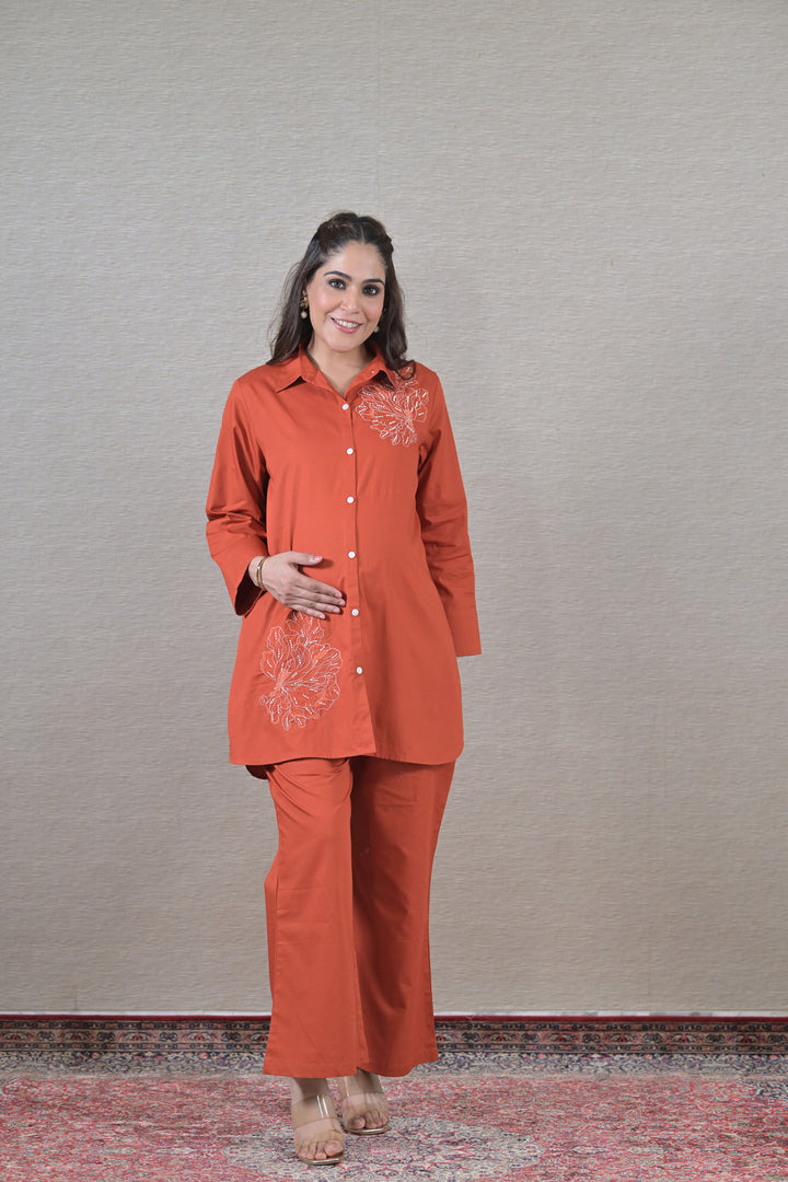 Iconic Tangerine Maternity & Nursing Shirt + Bump Band Bottom (2 pc) (100% Cotton) momzjoy.com