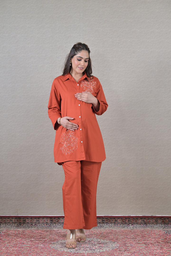 Iconic Tangerine Maternity & Nursing Shirt + Bump Band Bottom (2 pc) (100% Cotton) momzjoy.com