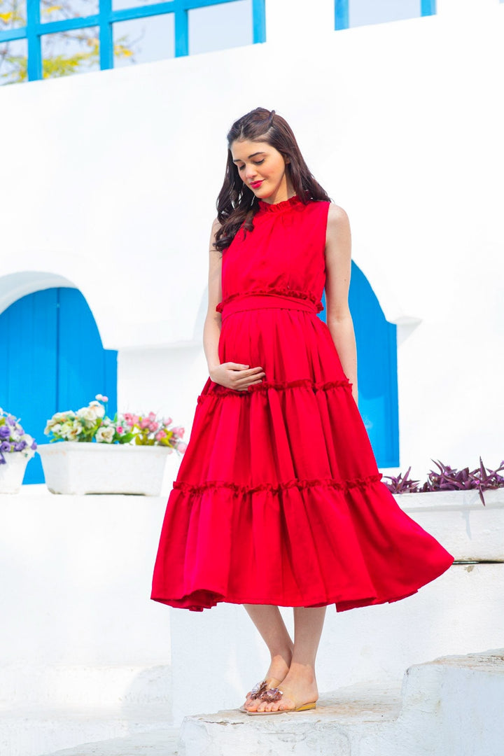 Mini Me (Mother-Daughter) Candy Red Maternity & Nursing Concealed Zips Frill Dress (Set Of 2) MOMZJOY.COM